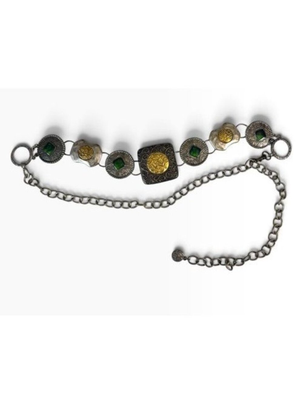 Chicos Statement Chain Link Medallion Belt Green & Gold Accents 50" Adjustable